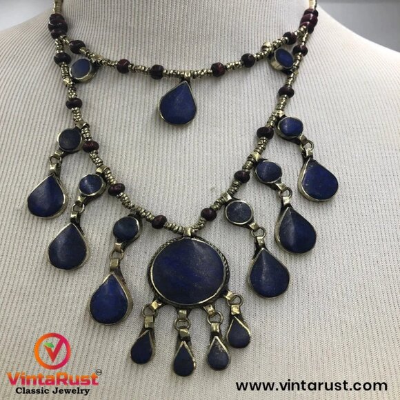 Two Layers Tribal Stones Vintage Necklace, Afghan Metal and Wooden Beaded Chain - Picture 1 of 8